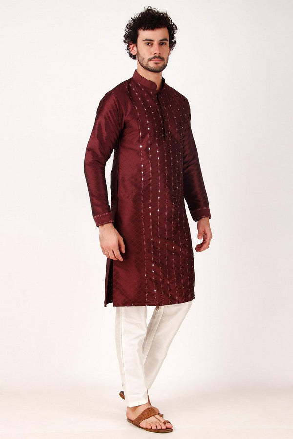 Dazzling Maroon Color Art Silk Fabric Kurta Pajama