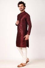 Dazzling Maroon Color Art Silk Fabric Kurta Pajama