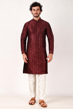 Dazzling Maroon Color Art Silk Fabric Kurta Pajama