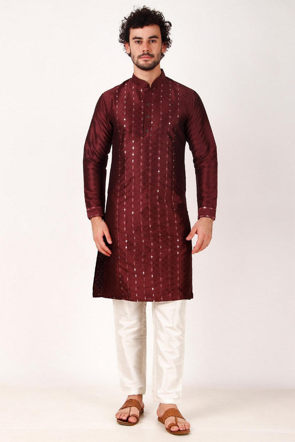 Dazzling Maroon Color Art Silk Fabric Kurta Pajama