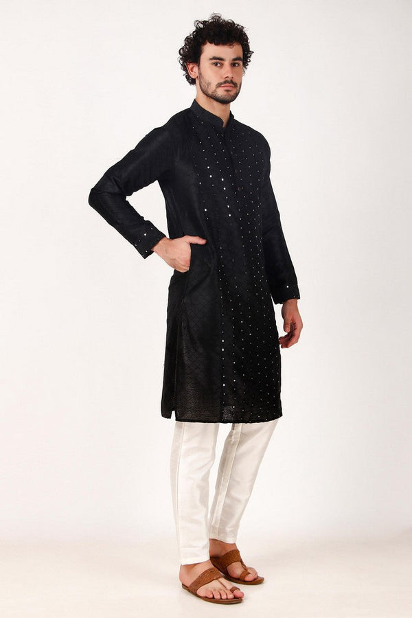 Dazzling Black Color Art Silk Fabric Kurta Pajama