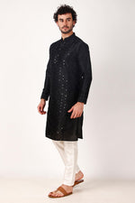 Dazzling Black Color Art Silk Fabric Kurta Pajama