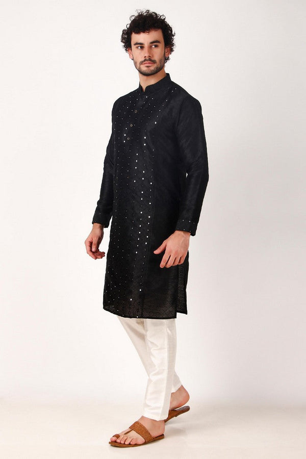 Dazzling Black Color Art Silk Fabric Kurta Pajama