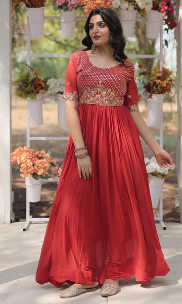 Dazzling Orange Color Georgette Fabric Gown