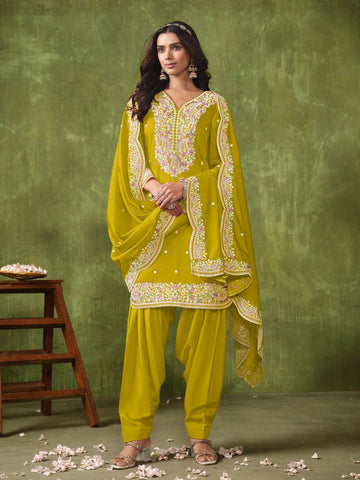 Tasteful Yellow Color Chanderi Fabric Patiala Suit