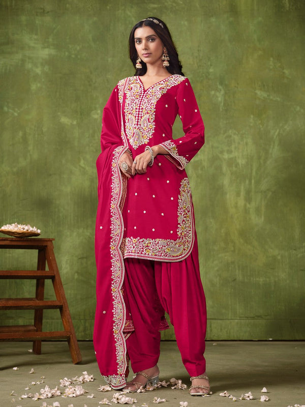 Tasteful Pink Color Chanderi Fabric Patiala Suit