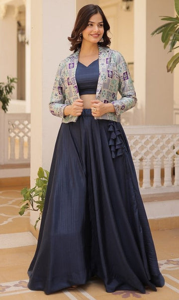 Amazing Navy Blue Color Chinon Fabric Designer Lehenga Choli With Inner