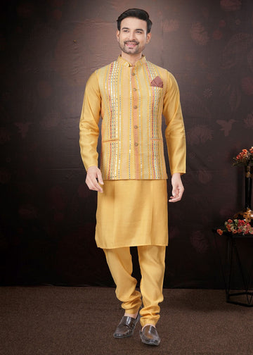 Amazing Yellow Color Silk Fabric Kurta Pajama and Jacket