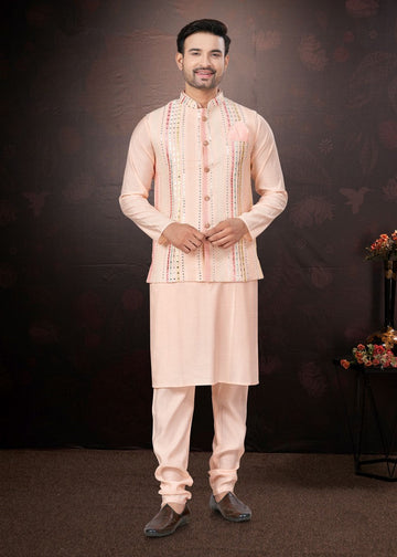 Amazing Peach Color Silk Fabric Kurta Pajama and Jacket