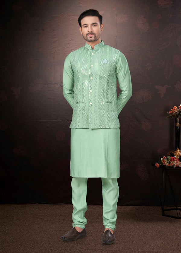 Amazing Green Color Silk Fabric Kurta Pajama and Jacket