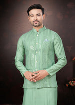 Amazing Green Color Silk Fabric Kurta Pajama and Jacket