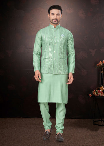 Amazing Green Color Silk Fabric Kurta Pajama and Jacket