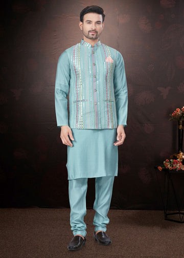 Amazing Aqua Color Silk Fabric Kurta Pajama and Jacket