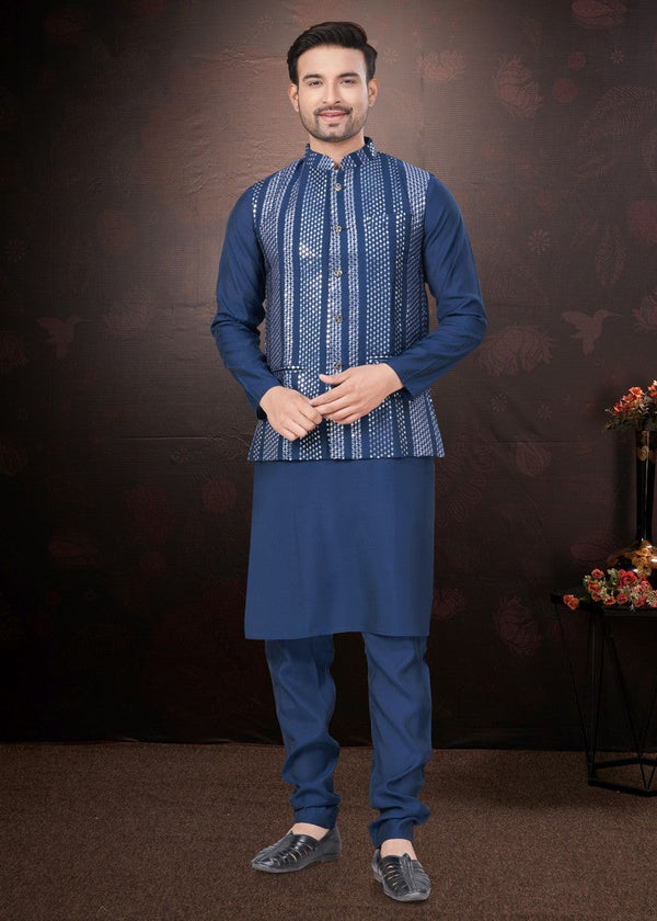 Amazing Navy Blue Color Silk Fabric Kurta Pajama and Jacket