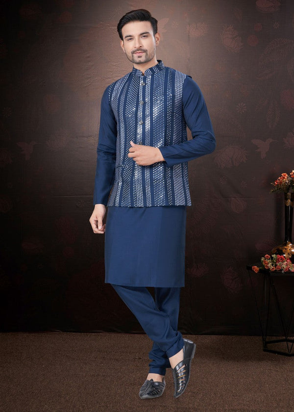 Amazing Navy Blue Color Silk Fabric Kurta Pajama and Jacket