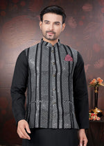 Amazing Black Color Silk Fabric Kurta Pajama and Jacket