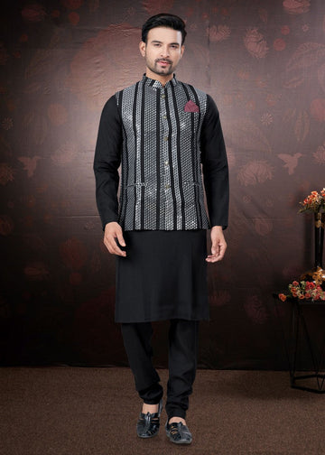 Amazing Black Color Silk Fabric Kurta Pajama and Jacket