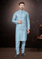 Amazing Aqua Color Silk Fabric Kurta Pajama and Jacket