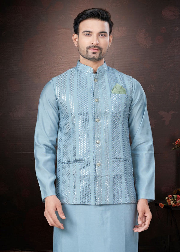 Amazing Aqua Color Silk Fabric Kurta Pajama and Jacket