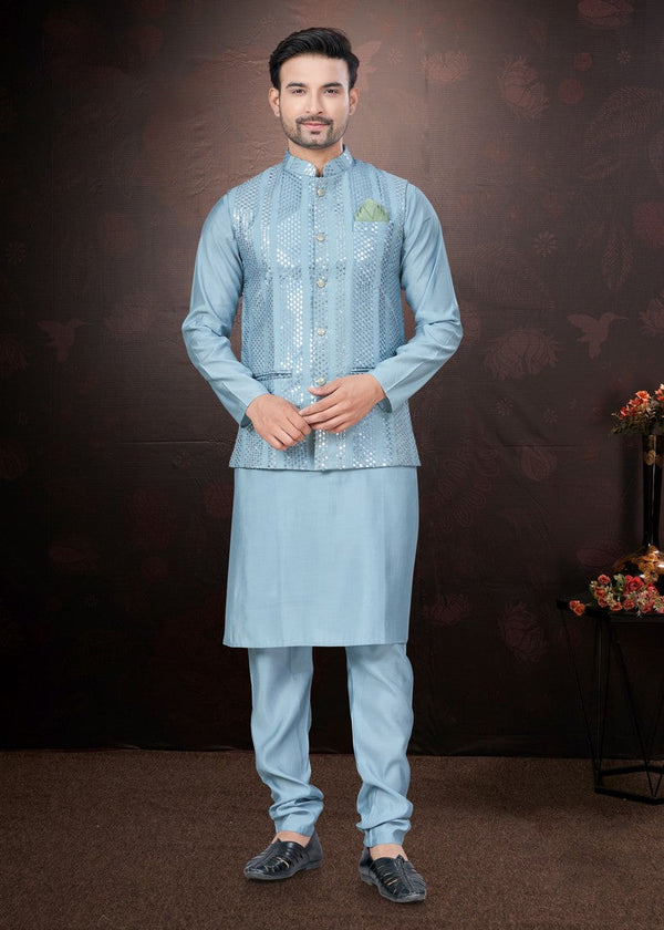 Amazing Aqua Color Silk Fabric Kurta Pajama and Jacket