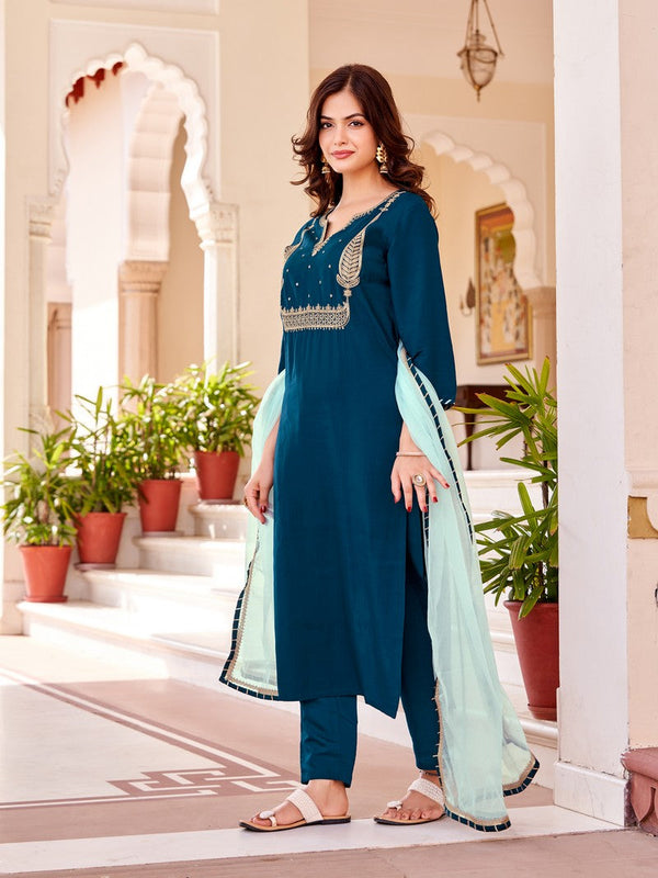 Divine Teal Color Crepe Fabric Designer Suit