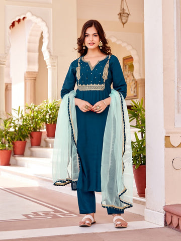 Divine Teal Color Crepe Fabric Designer Suit