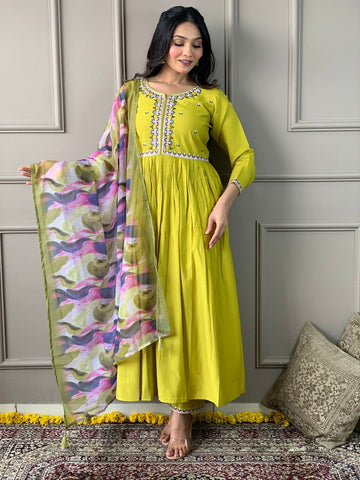 Divine Green Color Chanderi Fabric Designer Suit