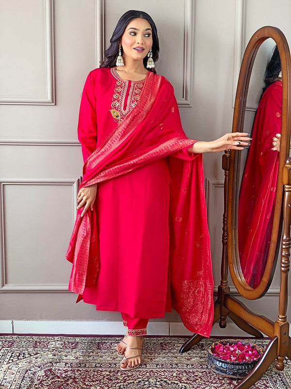 Divine Red Color Viscose Fabric Designer Suit