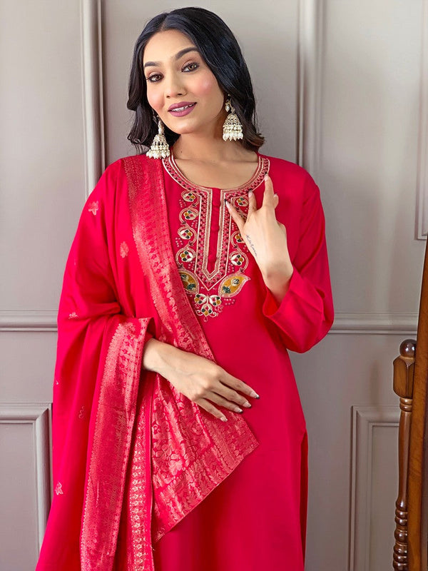 Divine Red Color Viscose Fabric Designer Suit