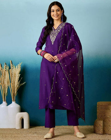 Divine Purple Color Chanderi Fabric Designer Suit