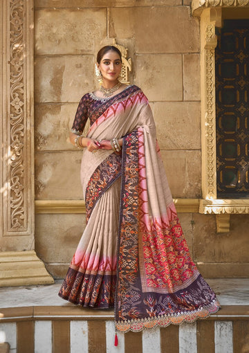 Beauteous Beige Color Silk Fabric Partywear Saree