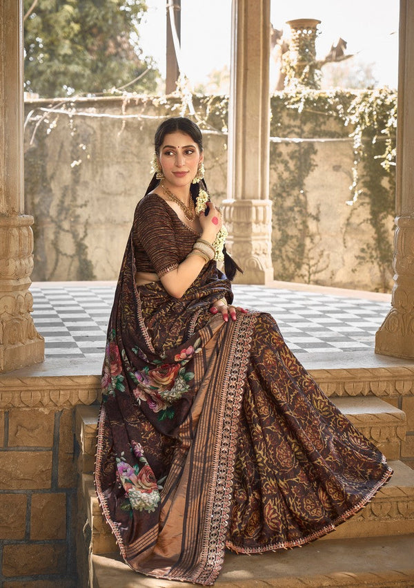 Beauteous Brown Color Silk Fabric Partywear Saree