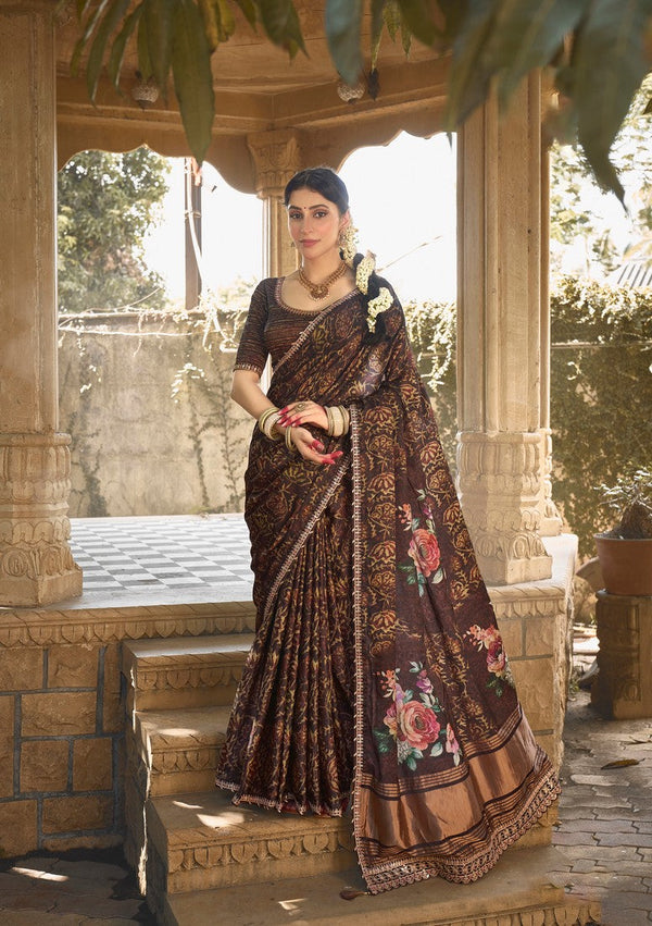 Beauteous Brown Color Silk Fabric Partywear Saree