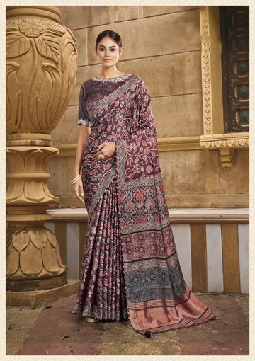 Beauteous Brown Color Silk Fabric Partywear Saree