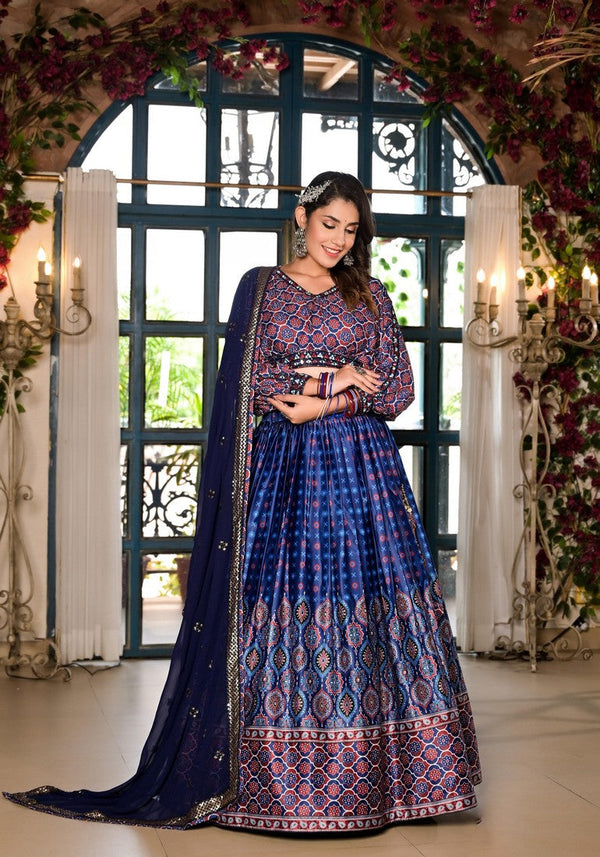 Dazzling Blue Color Satin Fabric Party Wear Lehenga