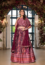 Dazzling Wine Color Satin Fabric Party Wear Lehenga