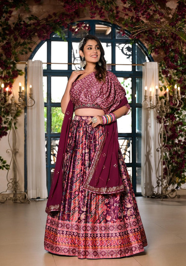 Dazzling Wine Color Satin Fabric Party Wear Lehenga