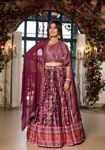 Dazzling Wine Color Satin Fabric Party Wear Lehenga