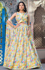 Dazzling Yellow Color Georgette Fabric Party Wear Lehenga