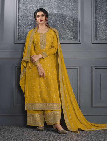 Tasteful Yellow Color Silk Fabric Plazzo Suit