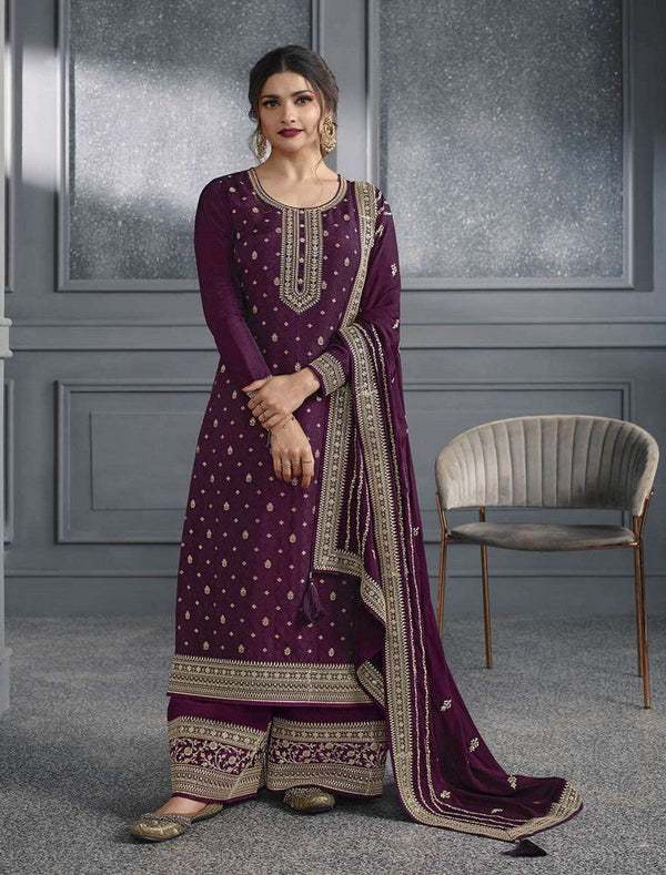 Tasteful Voilet Color Silk Fabric Plazzo Suit