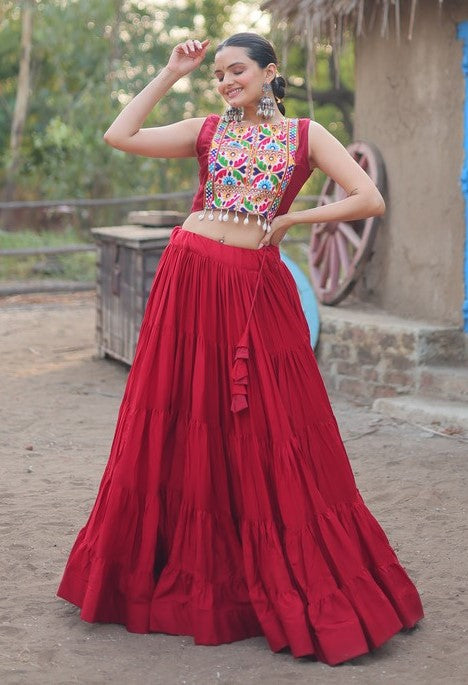 Dazzling Maroon Color Rayon Fabric Party Wear Lehenga