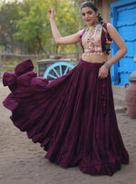 Dazzling Wine Color Rayon Fabric Party Wear Lehenga