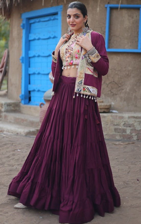 Dazzling Wine Color Rayon Fabric Party Wear Lehenga