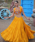 Dazzling Yellow Color Rayon Fabric Party Wear Lehenga