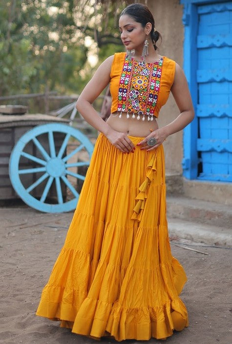 Dazzling Yellow Color Rayon Fabric Party Wear Lehenga