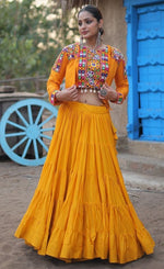 Dazzling Yellow Color Rayon Fabric Party Wear Lehenga