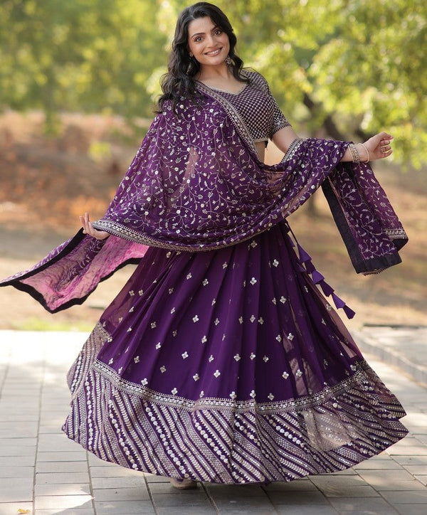 Superb Purple Color Georgette Fabric Party Wear Lehenga