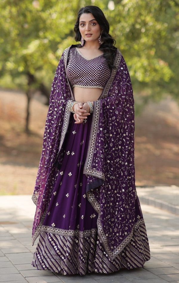 Superb Purple Color Georgette Fabric Party Wear Lehenga