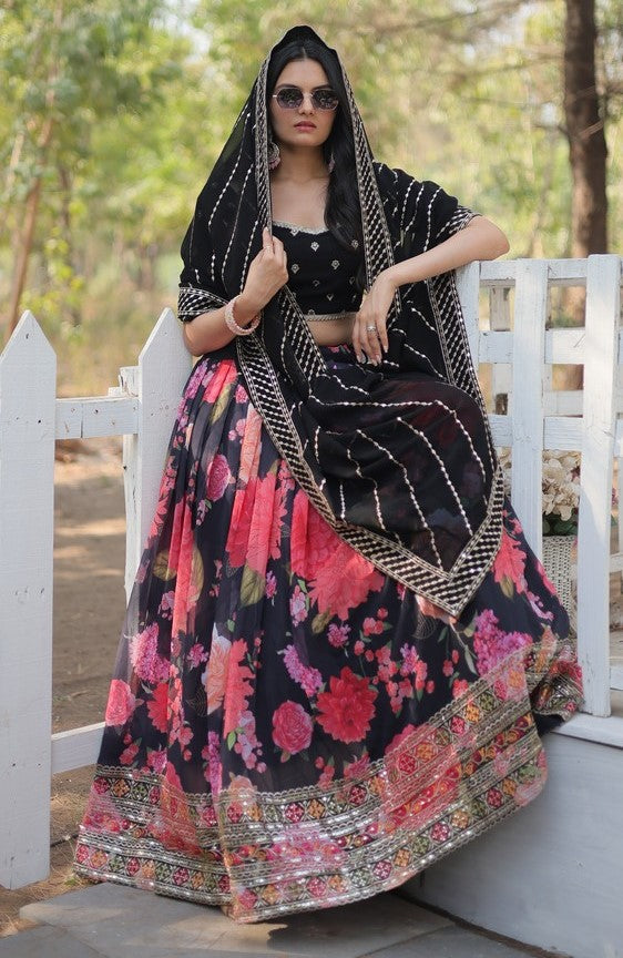 Superb Black Color Georgette Fabric Party Wear Lehenga